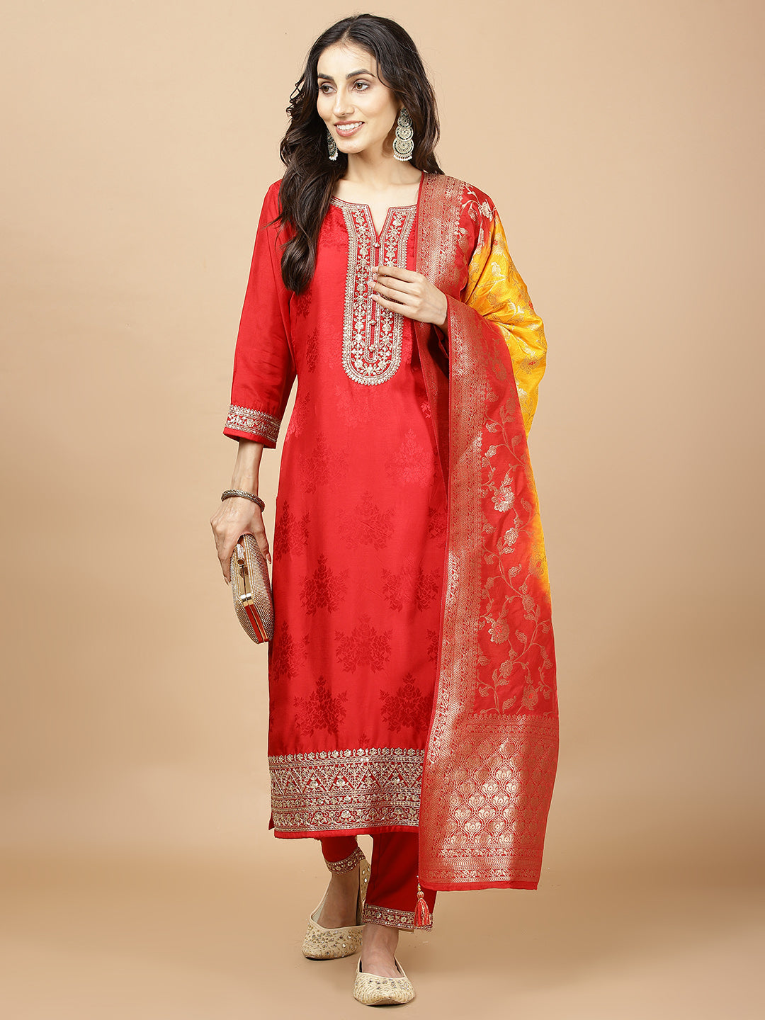 Neck Embroidered Handloom Kurta With Pant & Dupatta