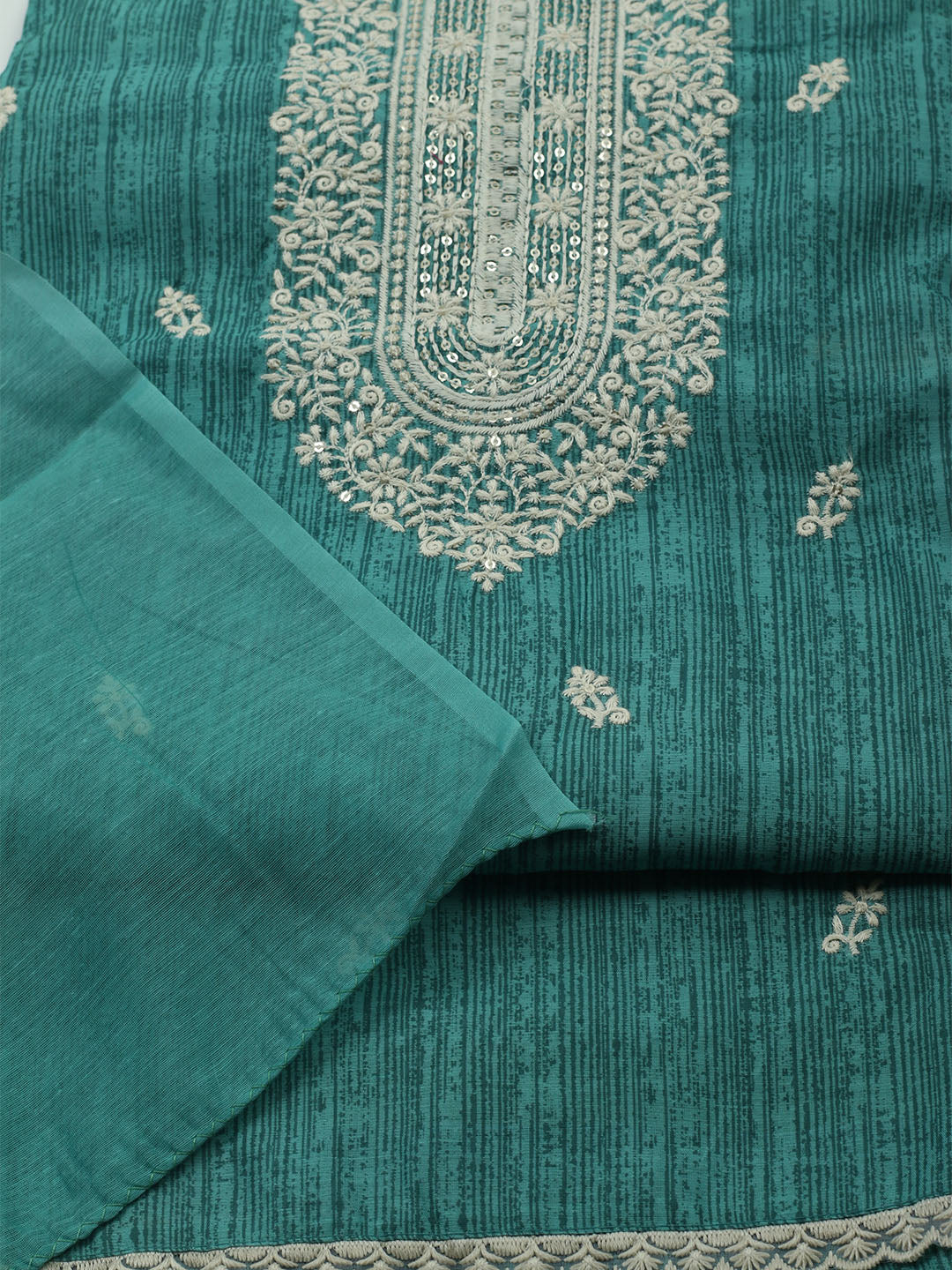 Embroidered Chanderi Unstitched Kurta With Pant & Dupatta