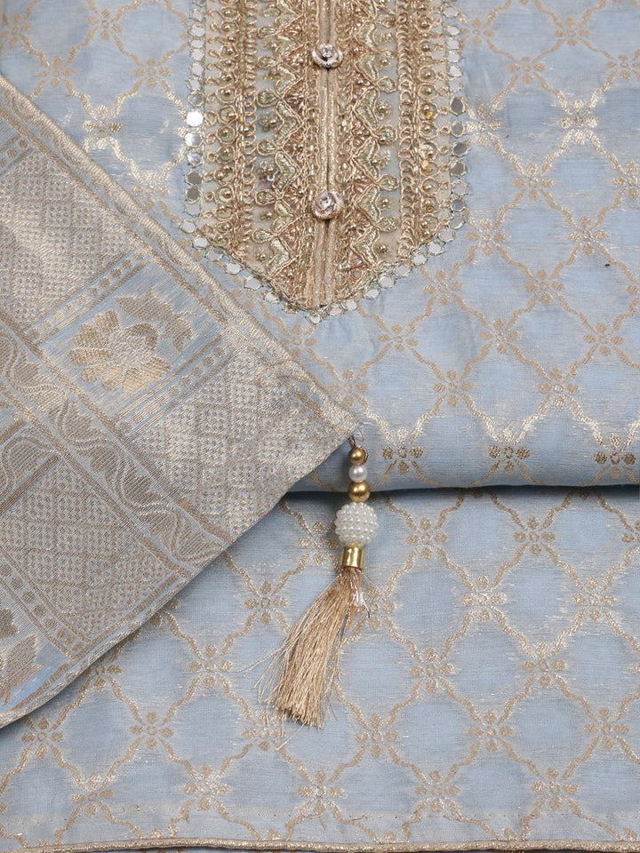 Neck Patti Printed Chanderi Unstitched Suit With Dupatta