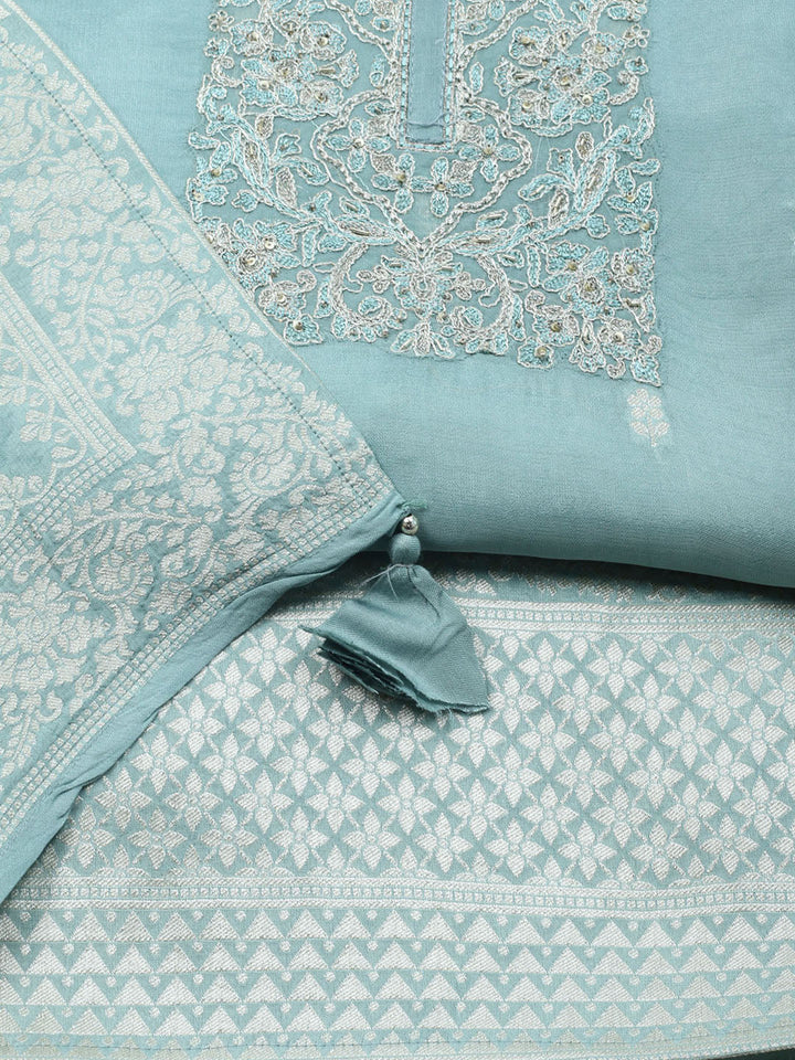 Embroidered Art Silk Unstitched Suit With Dupatta