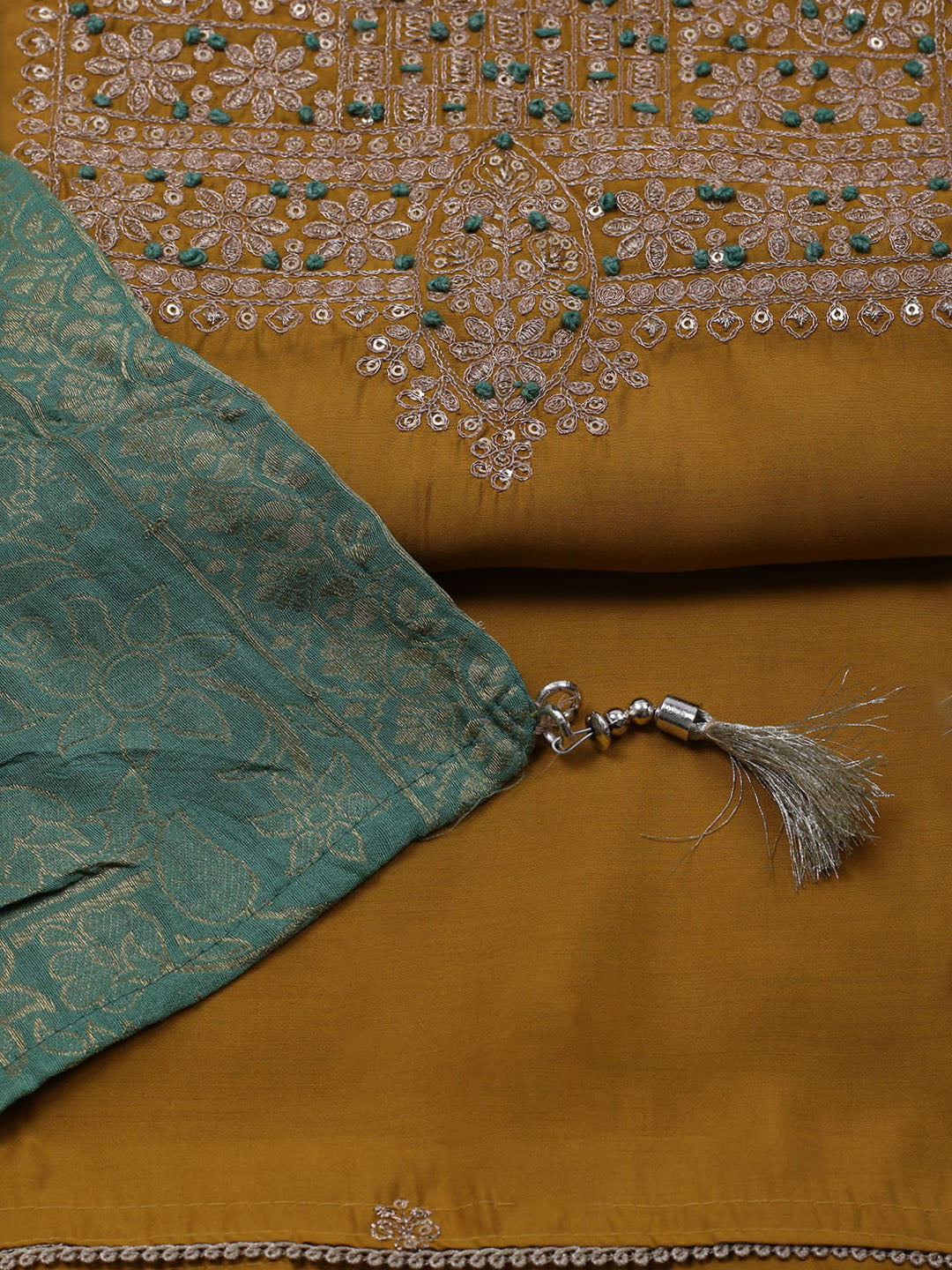 Neck Embroidered Chanderi Unstitched Suit With Dupatta