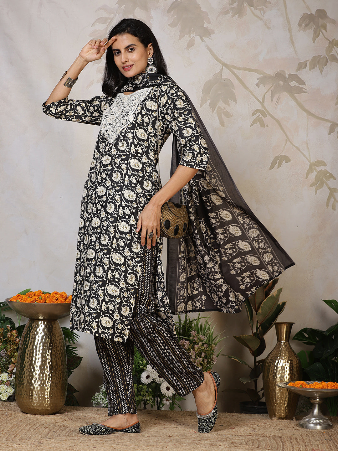 Printed Cotton Blend Kurta With Pants & Dupatta