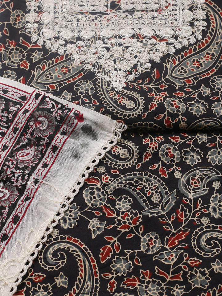 Printed Cotton Blend Unstitched Suit With Pant &amp; Dupatta