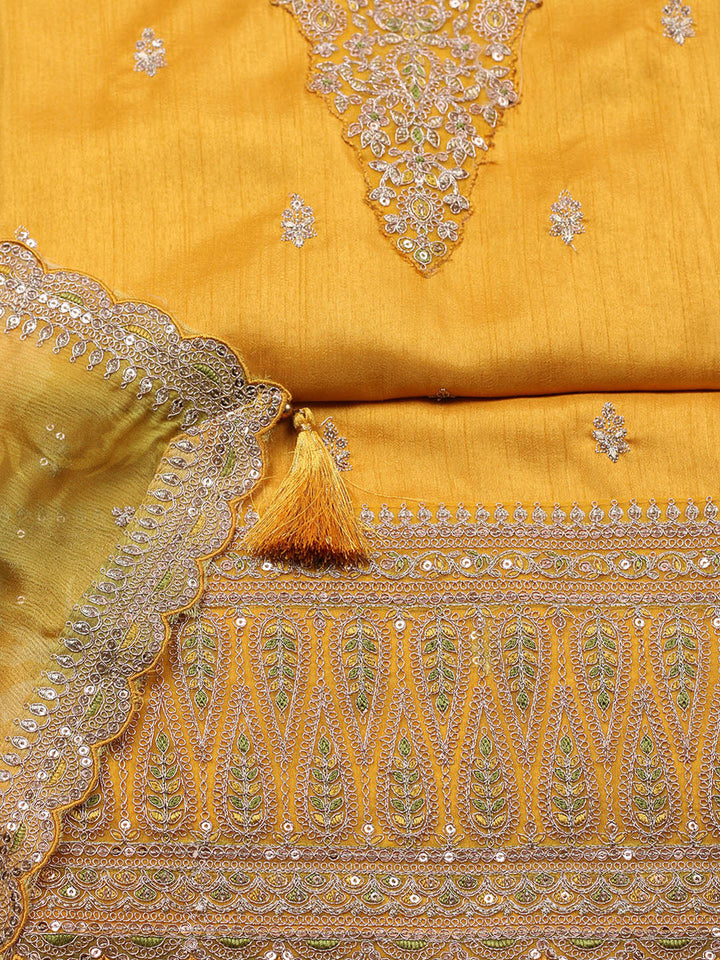 Embroidered Art Silk Unstitched Suit With Pant &amp; Dupatta