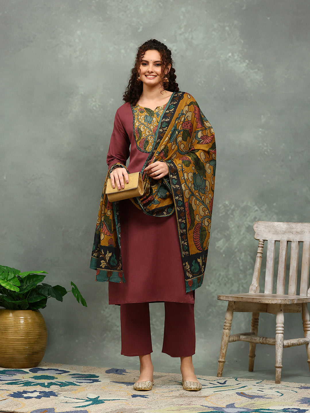 Printed Cotton Blend Kurta With Pants & Dupatta