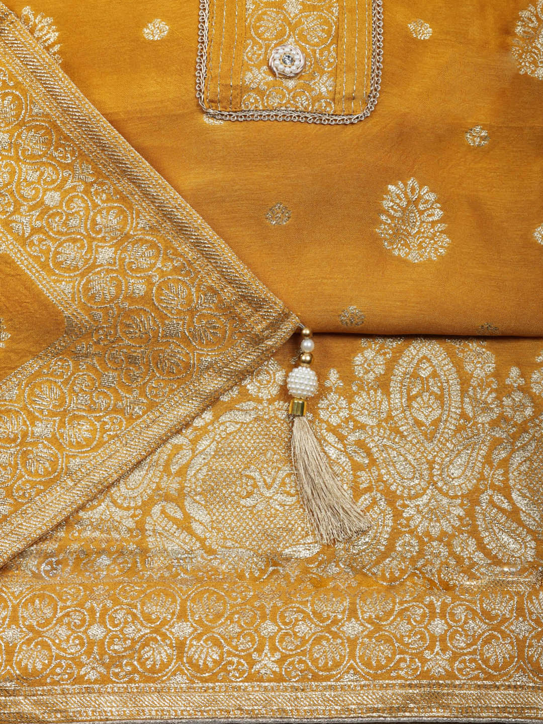 Embroidered Chanderi Unstitched Suit With Pant &amp; Dupatta