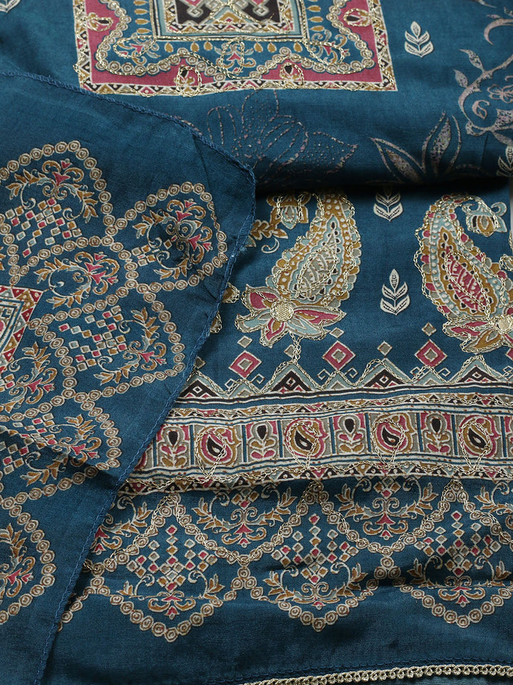 Embroidered Muslin Unstitched Suit With Pant Dupatta
