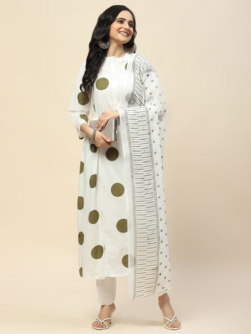 Printed Booti Cotton Kurta With Pants & Dupatta