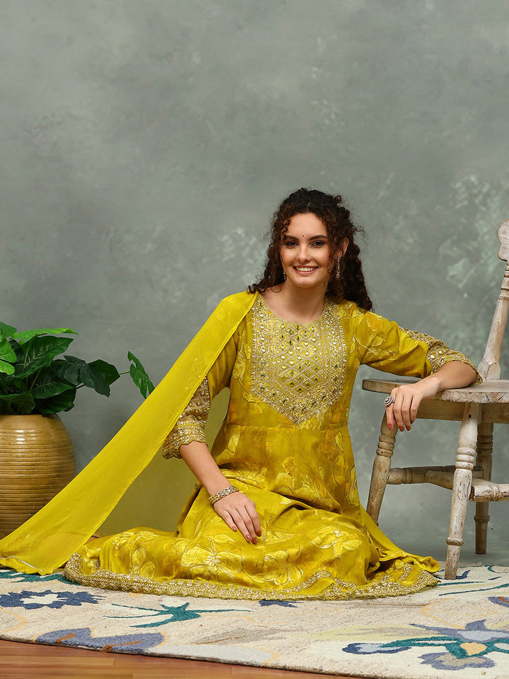 Printed Cotton Blend Kurta With Pants &amp; Dupatta
