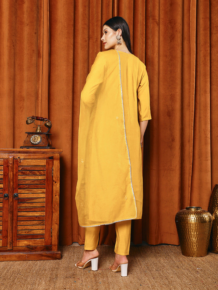 Embroidered Cotton Blend Kurta With Pants &amp; Dupatta