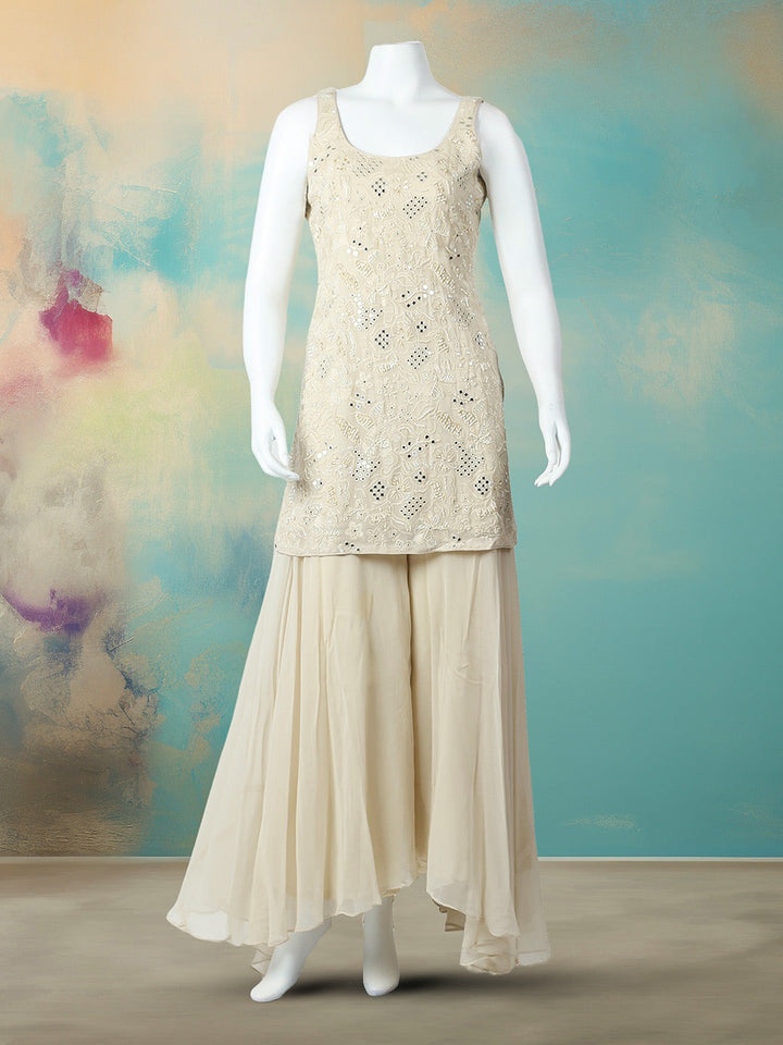 CutDana Embroidered Georgette Stitched Kurta With Sharara &amp; Dupatta