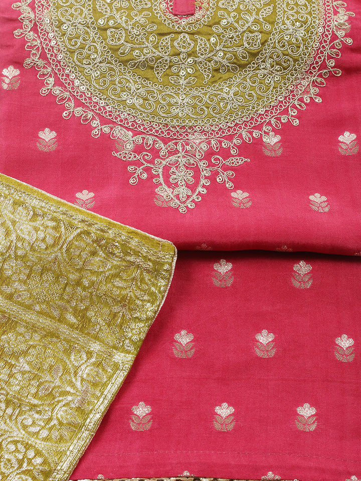 Embroidered Chanderi Unstitched Suit With Pant &amp; Dupatta