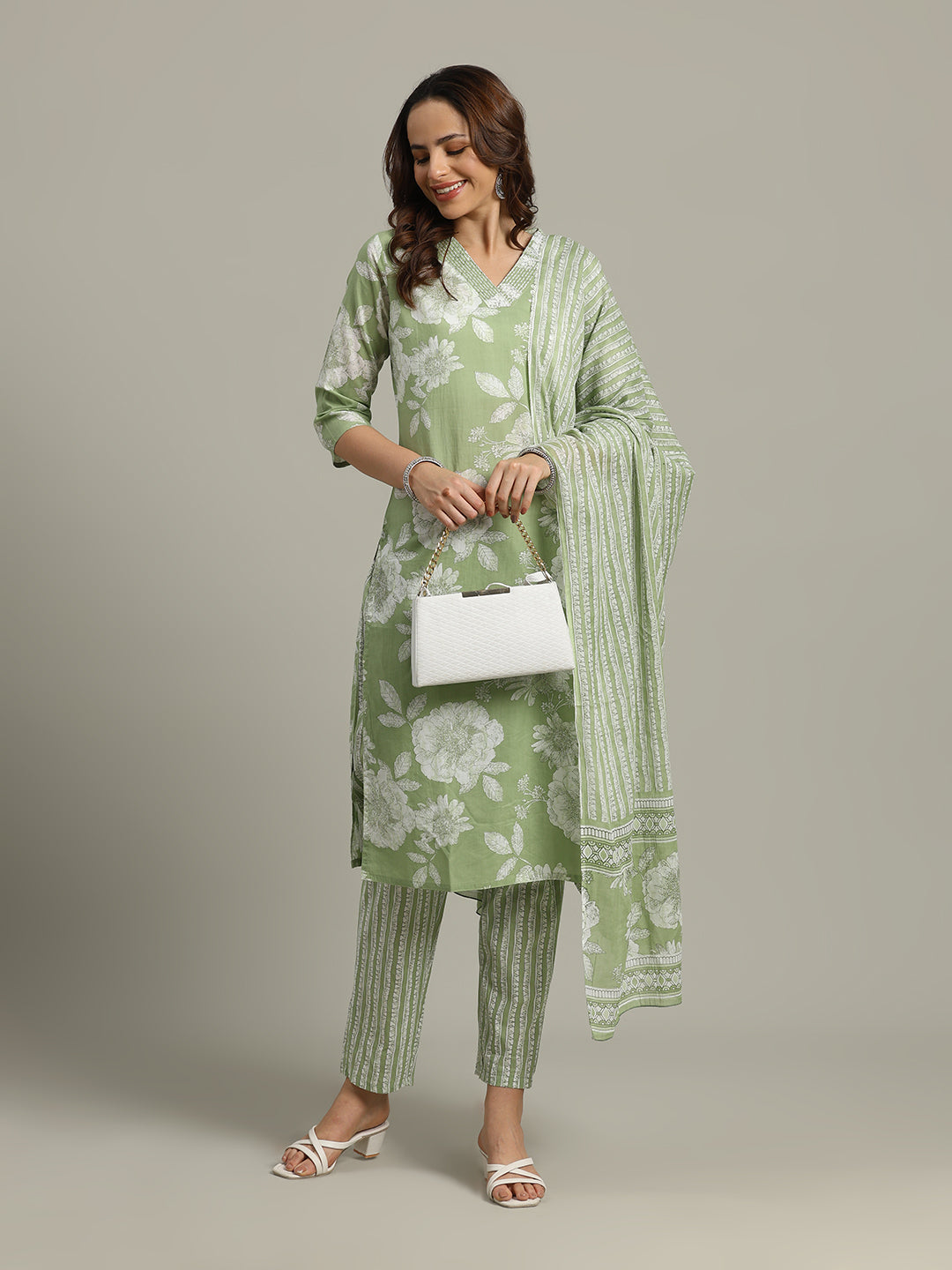 Floral Parinted Cotton Blend Kurta With Pants &amp; Dupatta