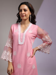 Lace Neck Cotton Blend Kurta With Pants