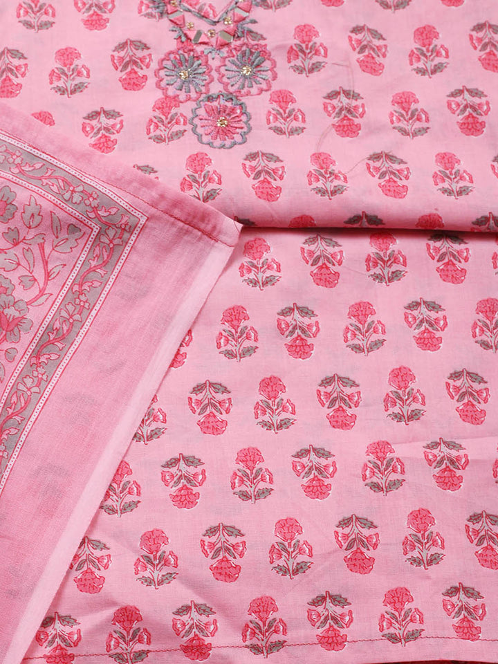 Embellished Cotton Blend Unstitched Suit With Pant &amp; Dupatta