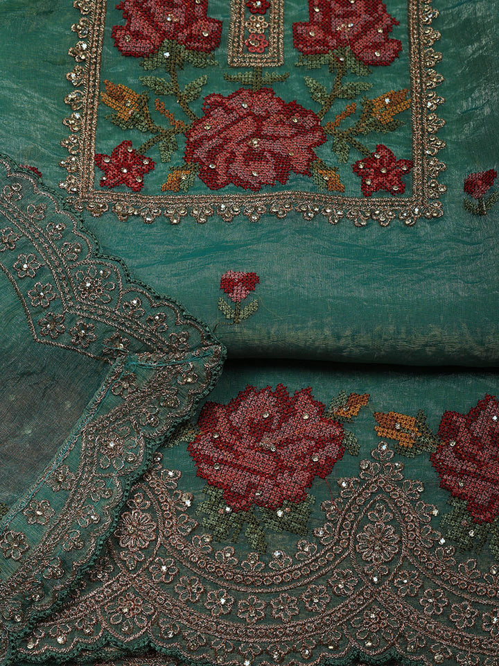 Embroidered Tissue Unstitched Suit With Pant &amp; Dupatta