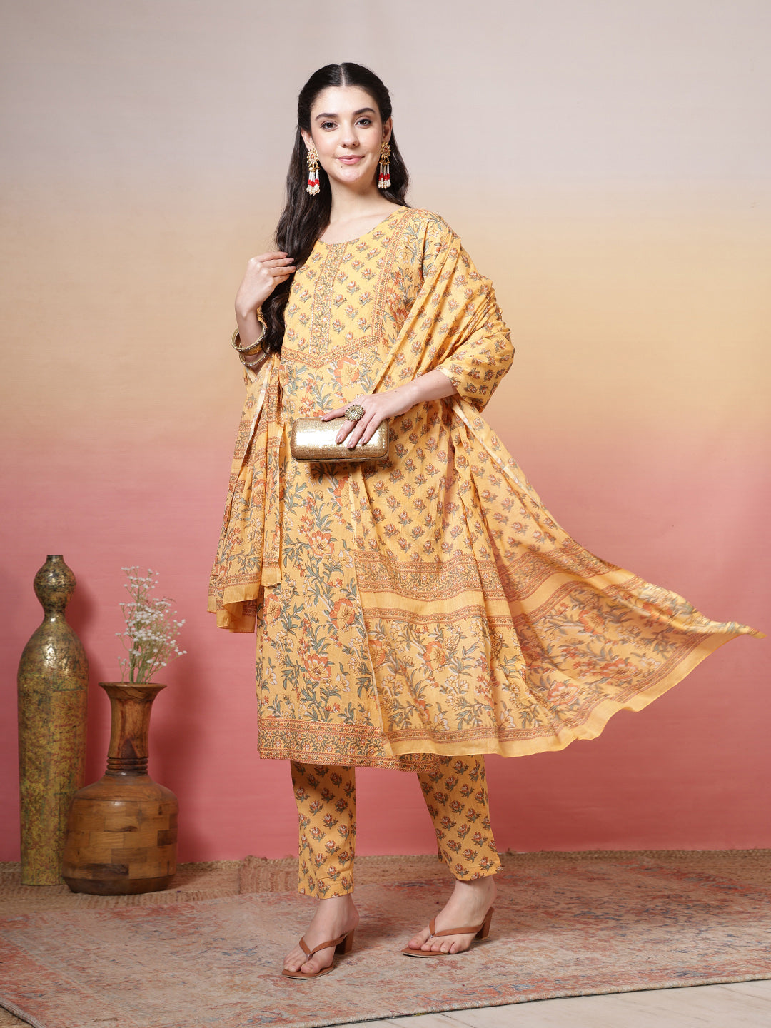 Embroidered Cotton Kurta With Pant &amp; Dupatta