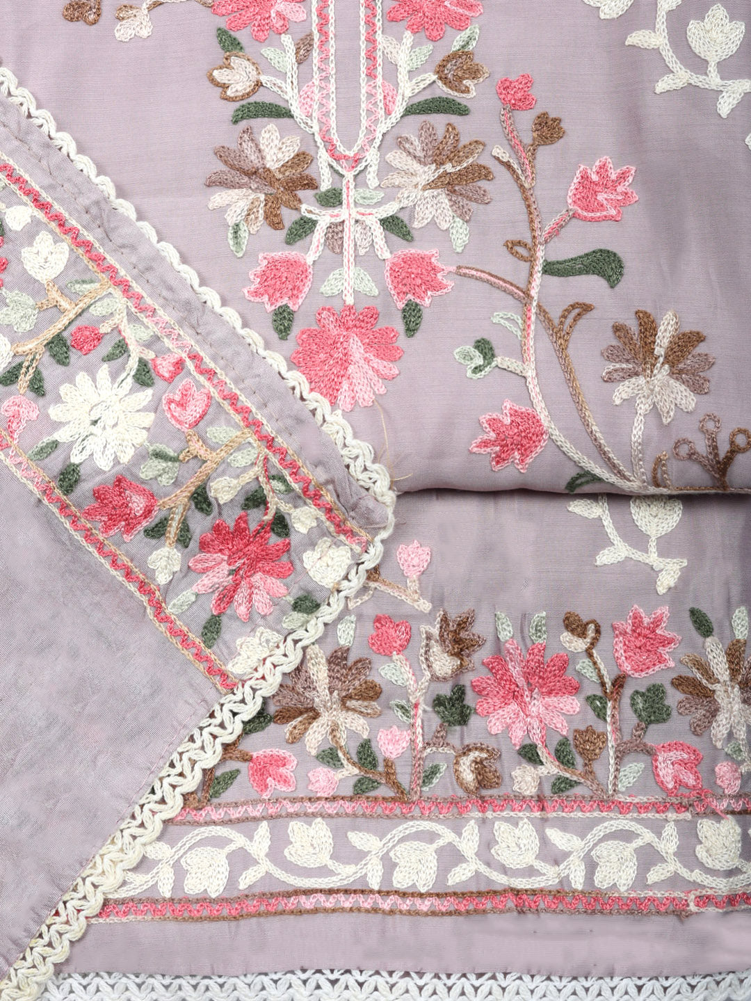 Embroidered Chanderi Unstitched Suit With Pant &amp; Dupatta