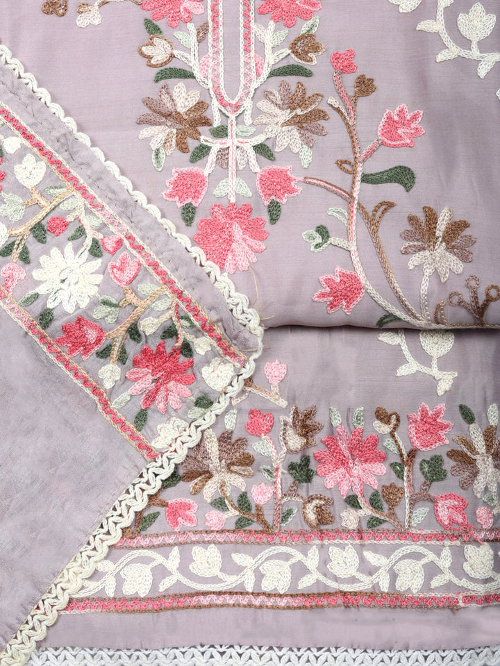 Embroidered Chanderi Unstitched Suit With Pant &amp; Dupatta