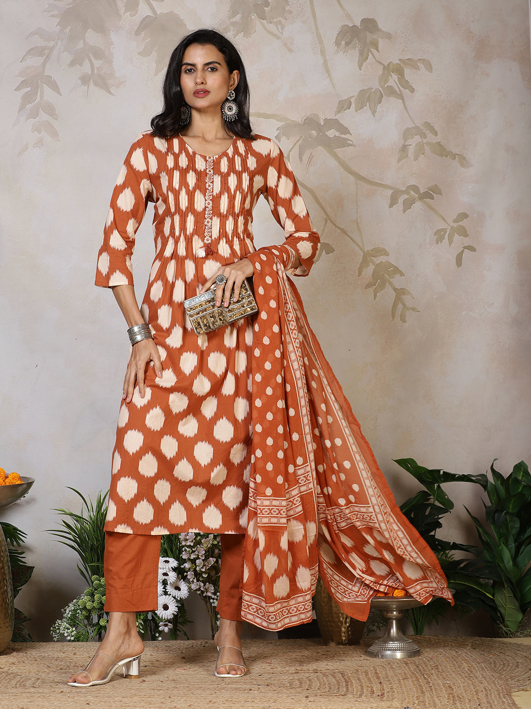 Printed Cotton Blend Kurta With Pants & Dupatta