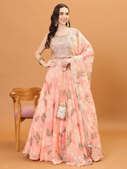 Floral Printed Organza Choli With Skirt & Dapatta