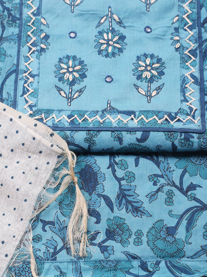 Printed Cotton Blend Unstitched Suit With Pant &amp; Dupatta