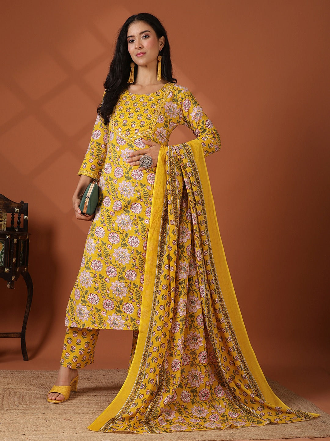 Printed Cotton Blend Kurta With Pant &amp; Dupatta
