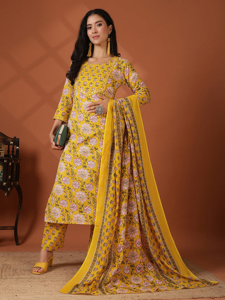 Printed Cotton Blend Kurta With Pant &amp; Dupatta