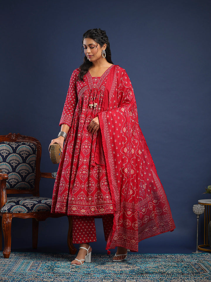 Pink Cotton Blend Printed Straight Suit Set