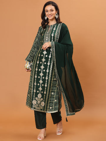 Banarasi Printed Embroidery Kurta With Pants & Dupatta