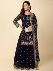 Resham Jaal Embroidered Georgette Kurta With Lehenga & Dupatta