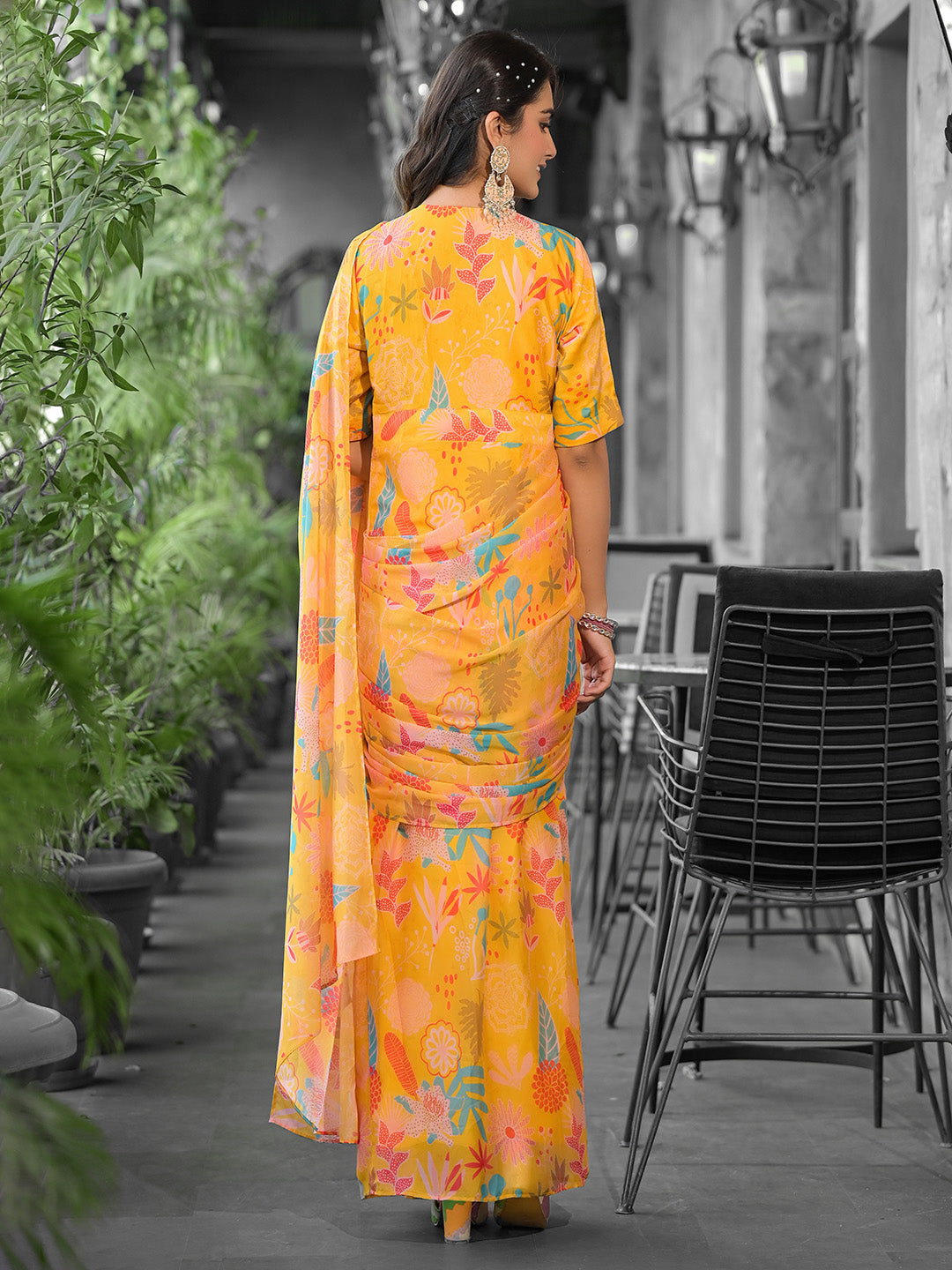 Printed Georgette Readymade Saree With Stitched Blouse