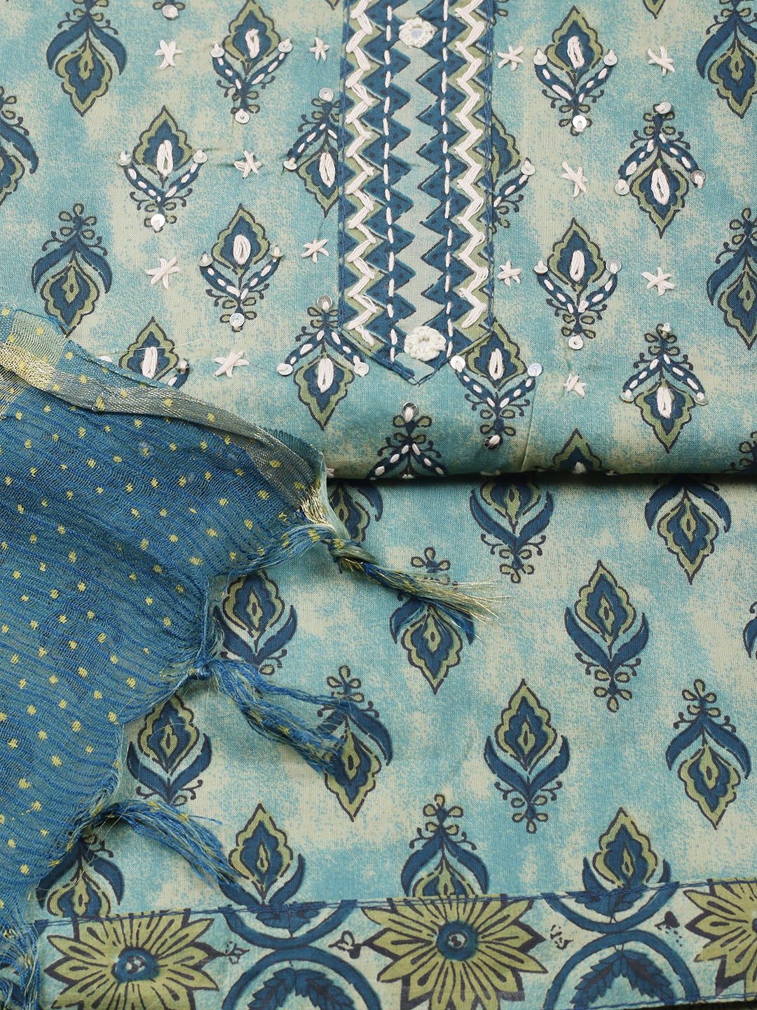 Printed Cotton Blend Unstitched Suit With Pant &amp; Dupatta