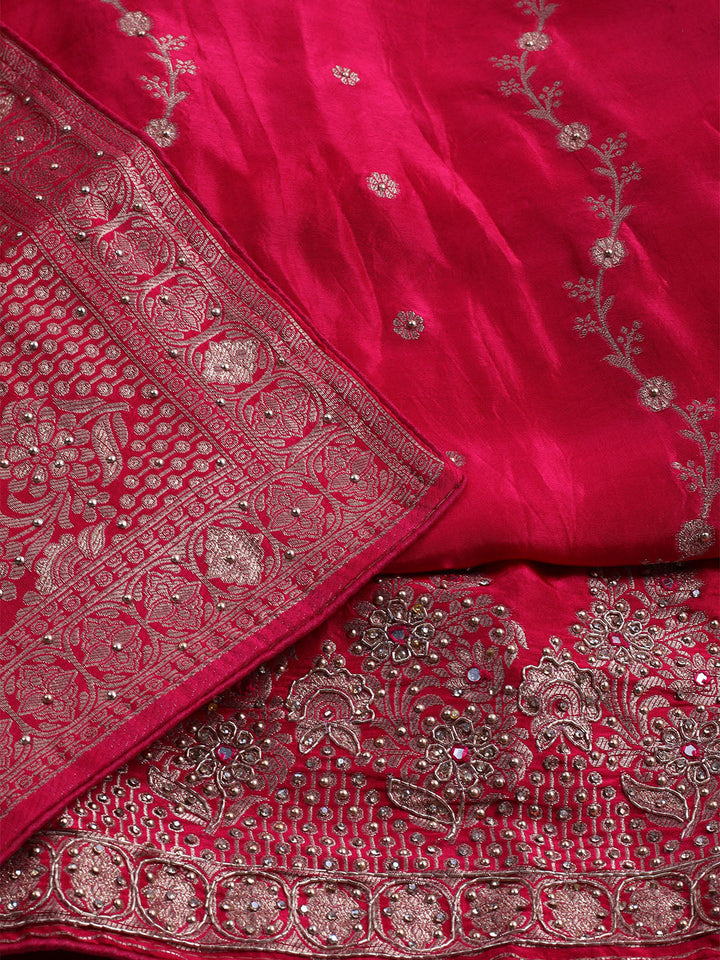 Embroidered Art Silk Unstitched Suit With Dupatta