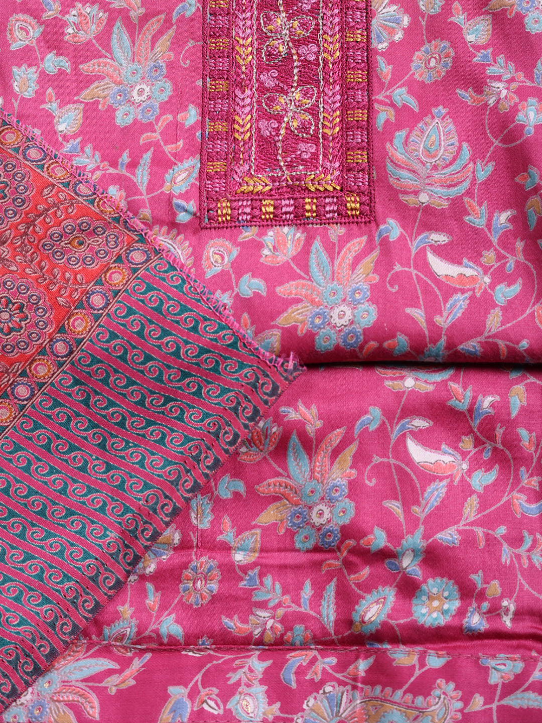 Printed Cotton Blend Unstitched Suit With Pant &amp; Dupatta