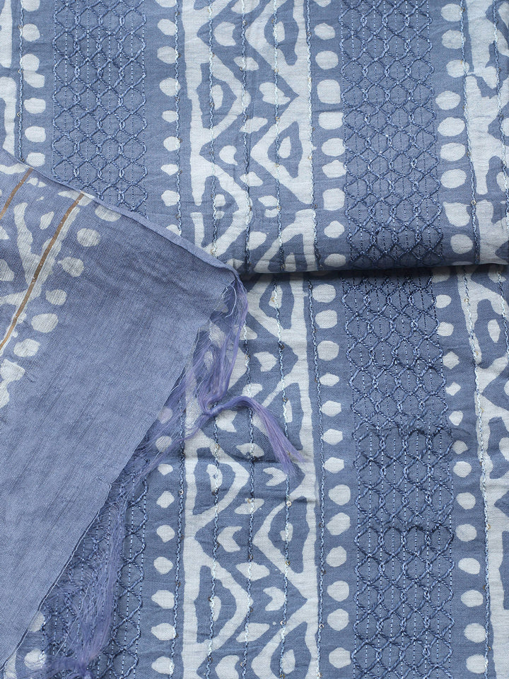 Printed Cotton Blend Unstitched Suit With Pant &amp; Dupatta