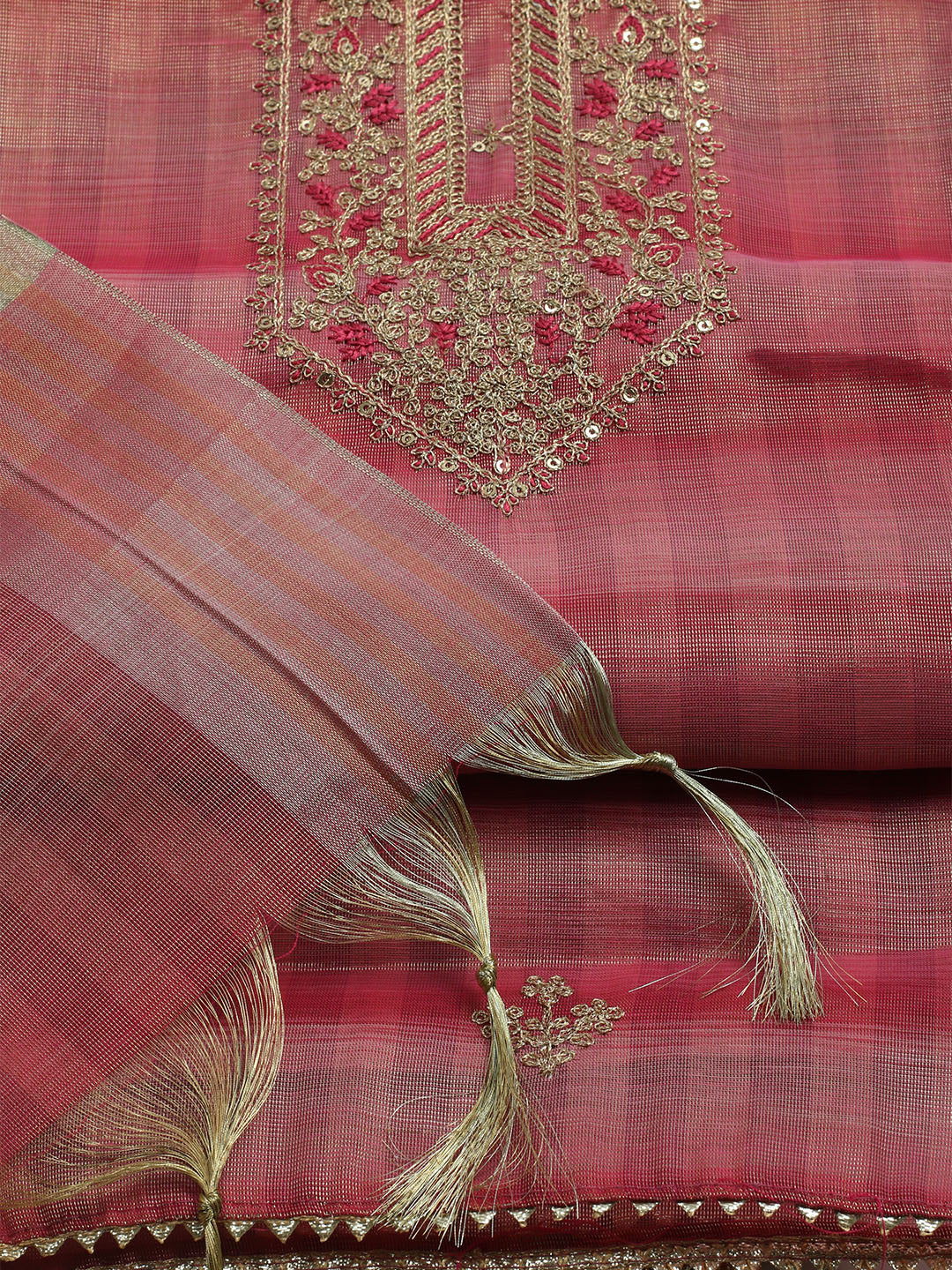 Embroidered Tissue Unstitched Kurta With Pant & Dupatta