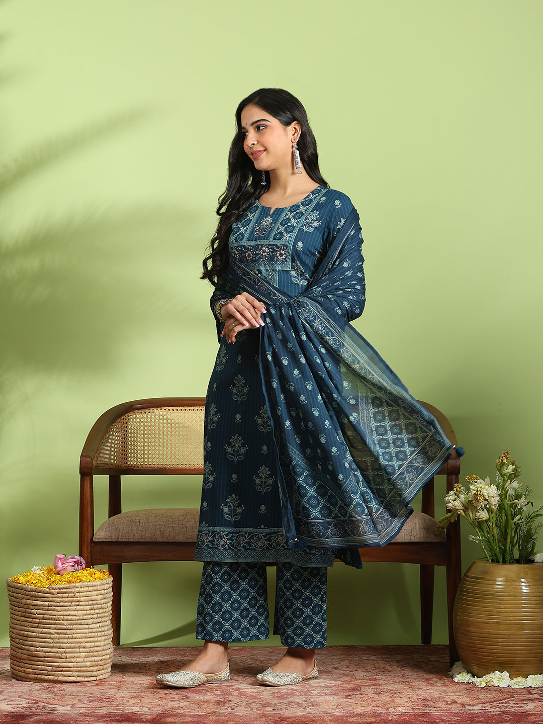 Blue Cotton Blend Printed A Line Suit Set