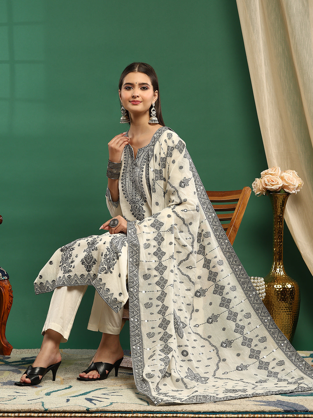 Printed Cotton Blend Kurta With Pant &amp; Dupatta