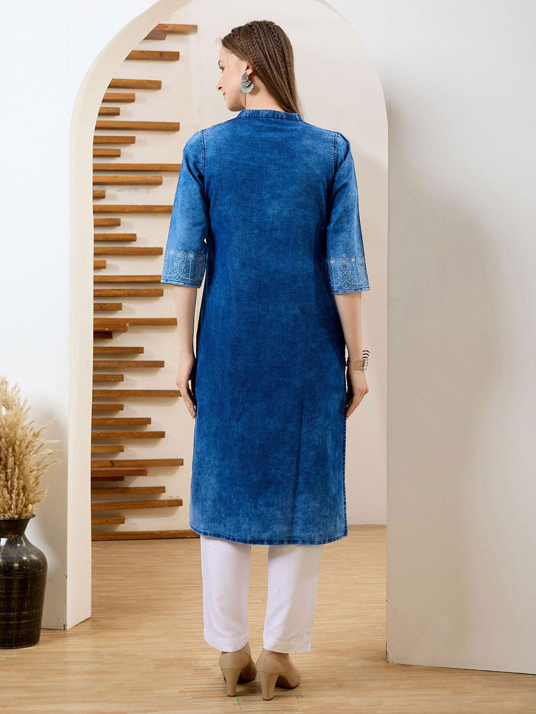 Neck Embroidered Denim Kurta