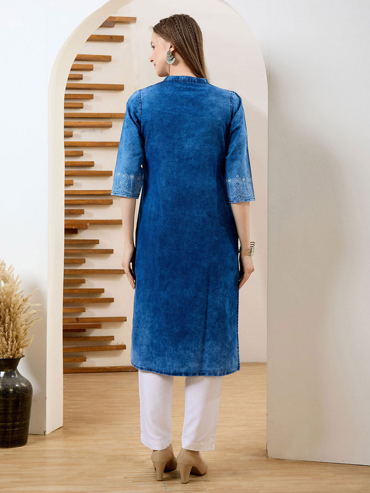 Neck Embroidered Denim Kurta