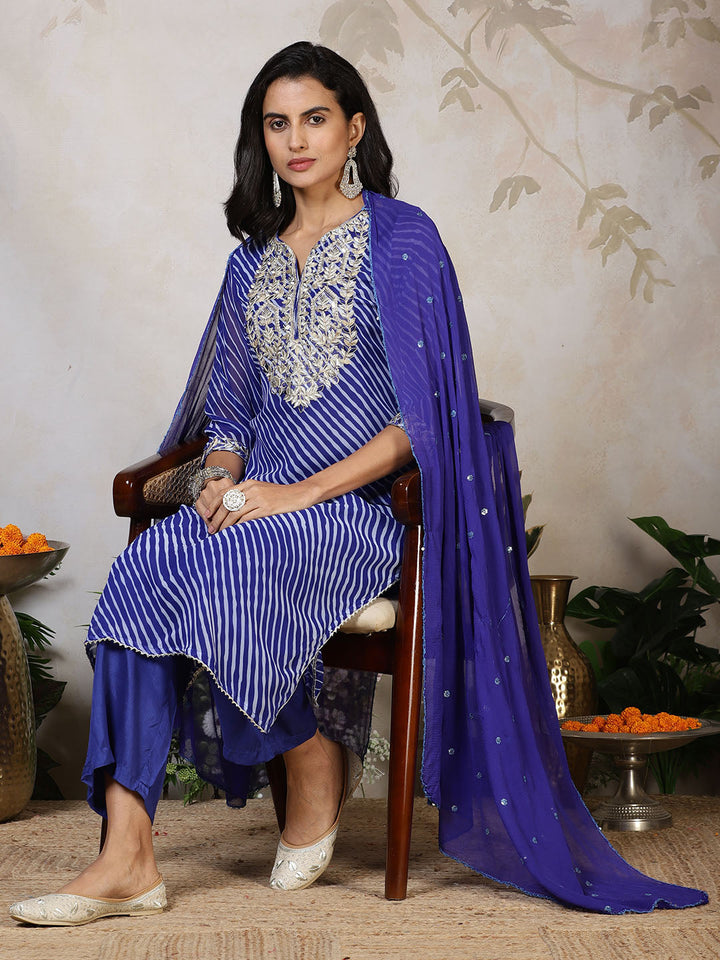 Embroidered Georgette Kurta With Pants &amp; Dupatta