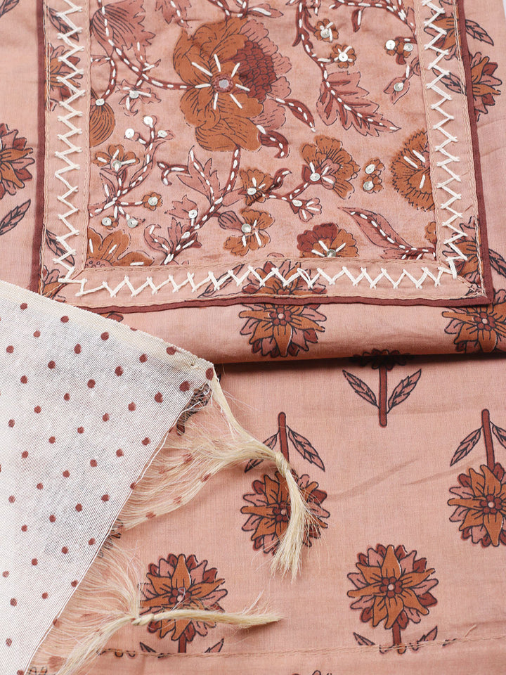 Printed Cotton Blend Unstitched Suit With Pant &amp; Dupatta