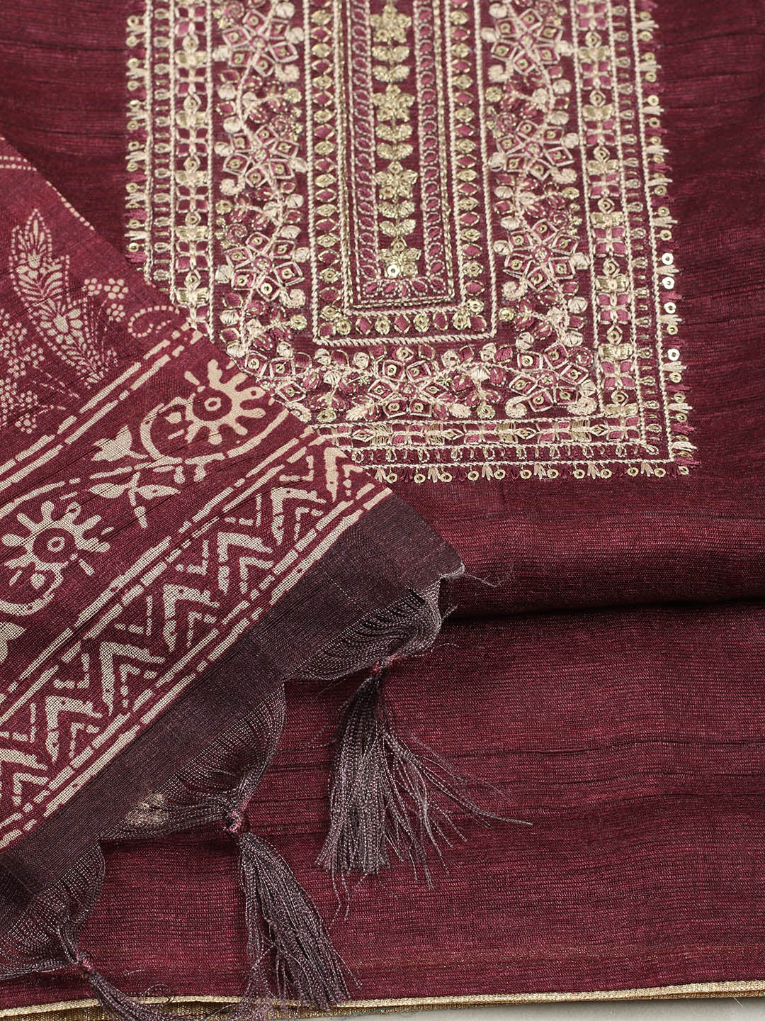 Embroidered Chanderi Unstitched Suit With Pant &amp; Dupatta