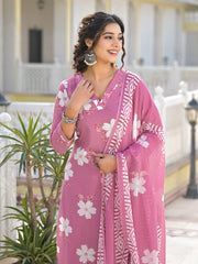 Printed Cotton Blend Kurta With Pants & Dupatta