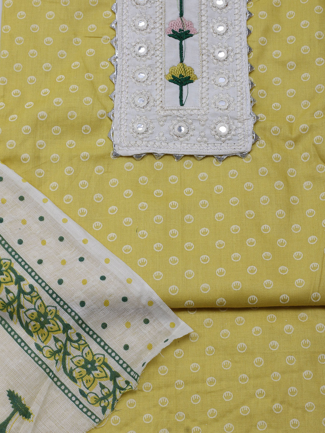 Neck Embroidered & Printed Cotton Blend Unstitched Suit With Dupatta
