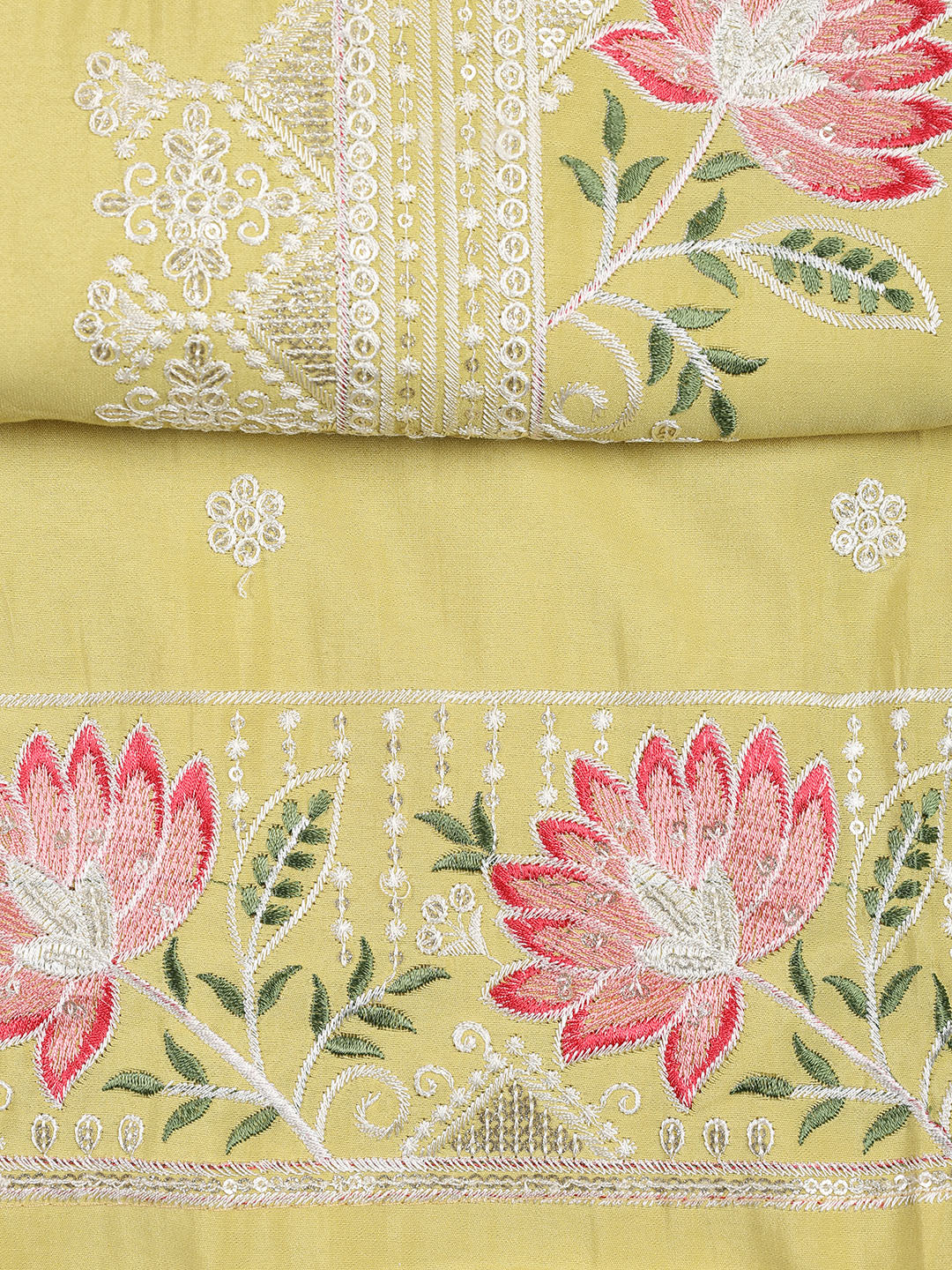 Neck Embroidered Chanderi Unstitched Suit With Dupatta