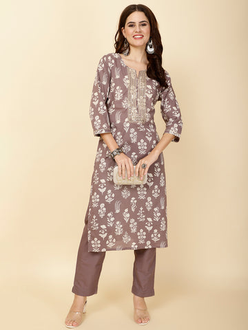 Neck Embroidery & Printed Cotton Kurta Set