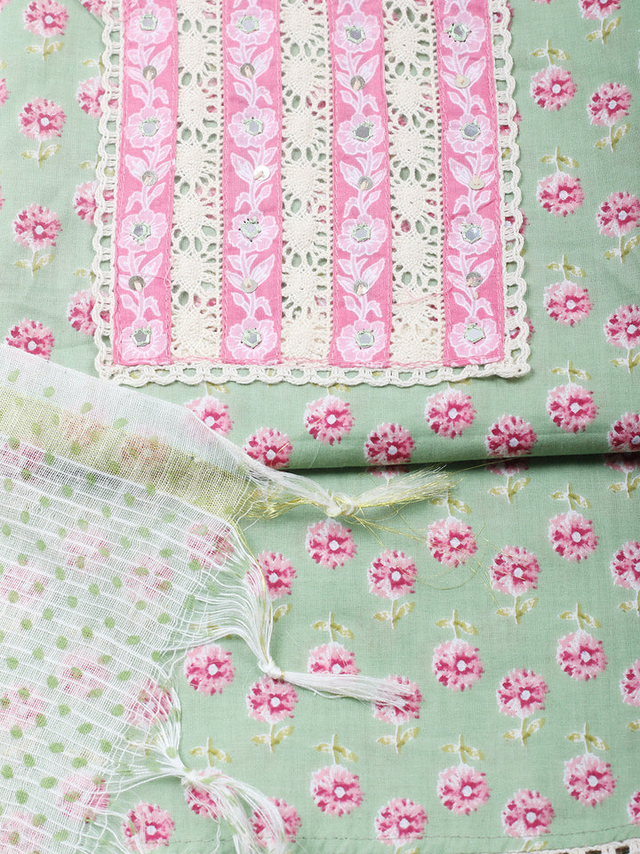 Printed Cotton Blend Unstitched Suit With Pant &amp; Dupatta
