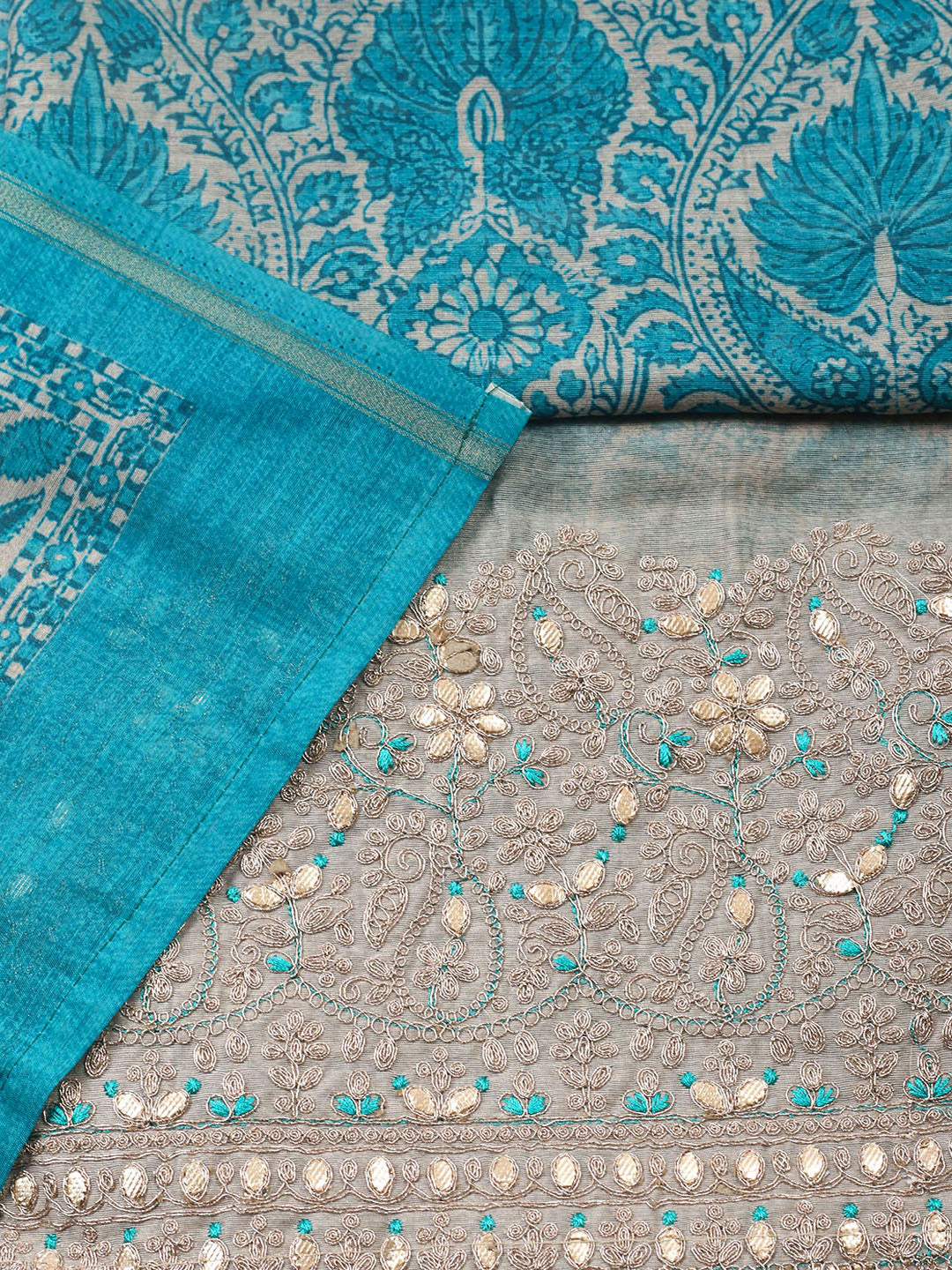 Printed Cotton Blend Unstitched Suit With Pant &amp; Dupatta